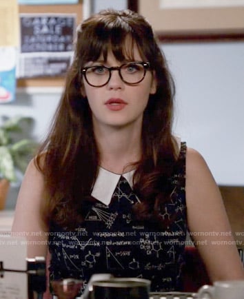 Jess’s black and white science print dress on New Girl