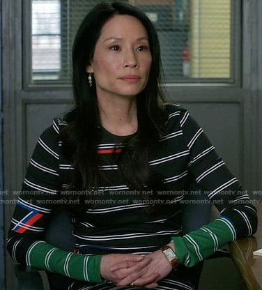 Joan’s black striped long sleeve dress on Elementary