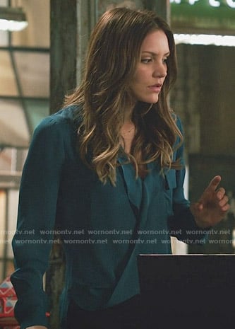 Paige’s teal wrap blouse on Scorpion