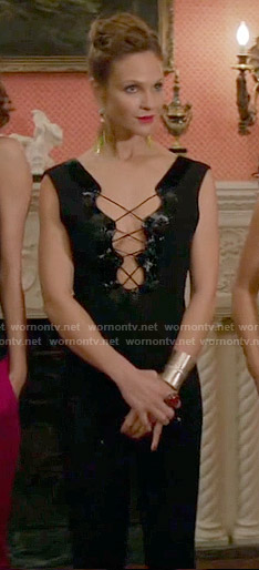 Phoebe’s black lace-up jumpsuit on Girlfriends Guide to Divorce