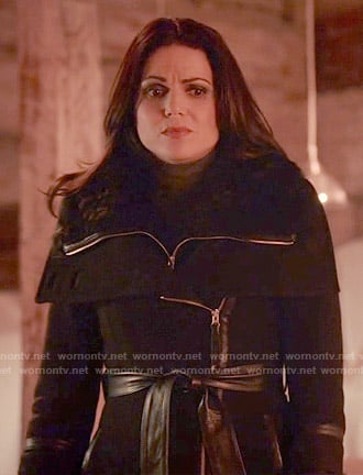 Regina’s black leather trimmed coat on Once Upon a Time