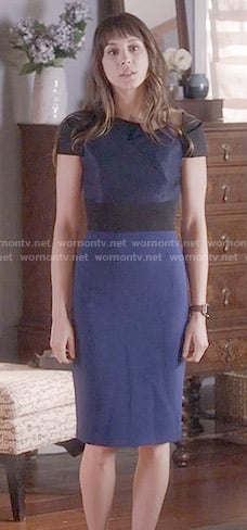 Spencer’s blue and black folded neck dress on Pretty Little Liars
