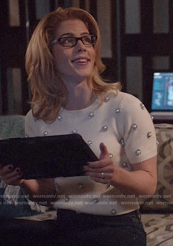 Felicity’s white pearl embellished sweater on Arrow