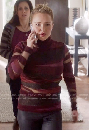 Juliette’s burgundy sheer striped turtleneck top on Nashville