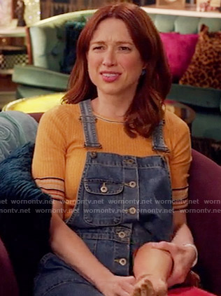 Kimmy’s yellow top and denim overall dress on Unbreakable Kimmy Schmidt
