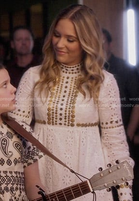 Maddie’s white long sleeved eyelet dress on Nashville