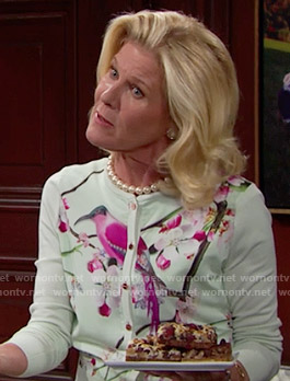 Pam’s mint green bird print cardigan on The Bold and the Beautiful