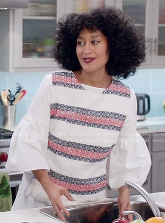 Rainbow’s white bell sleeve top and striped top on Black-ish