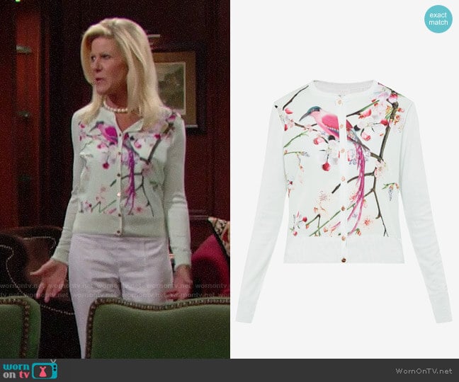 Ted Baker Flight of the Orient Cardigan worn by Pamela Douglas (Alley Mills) on The Bold and the Beautiful