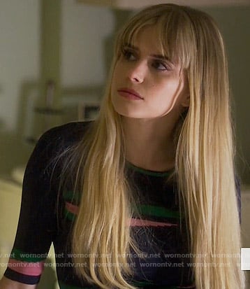 Brooke’s navy top with pink and green stripes on Scream