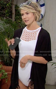 Caroline’s white cutout swimsuit and black cover-up on The Bold and the Beautiful