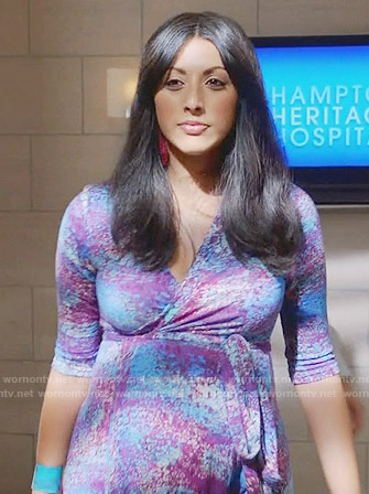 Divya’s blue and purple wrap maternity dress on Royal Pains