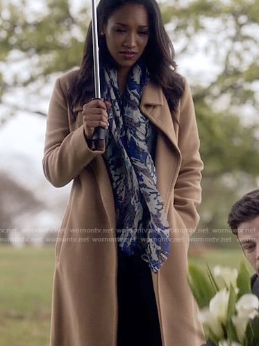 Iris’s long camel coat on The Flash