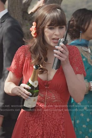 Jess’s red lace bridesmaid dress on New Girl