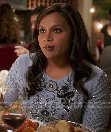 Mindy’s blue embellished long sleeve dress on The Mindy Project