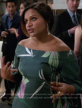 Mindy’s green floral off-shoulder dress on The Mindy Project