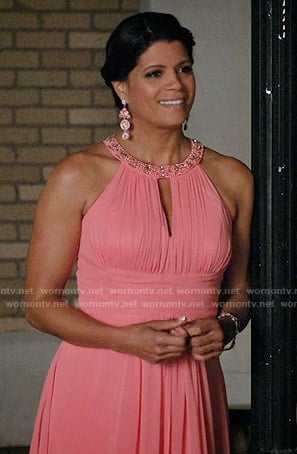 Xiomara’s coral embellished neck gown on Jane the Virgin