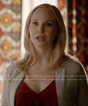 Caroline’s grey zip front sweater on The Vampire Diaries