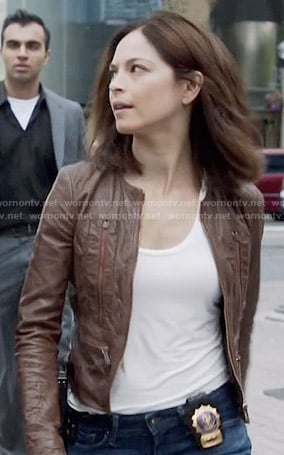 Cat’s brown leather jacket on Beauty and the Beast