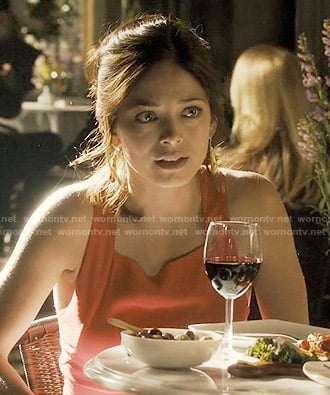 Cat’s coral square neck dress on Beauty and the Beast
