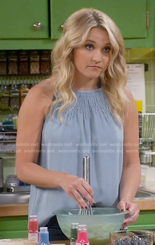 Gabi’s blue smocked halter top on Young and Hungry