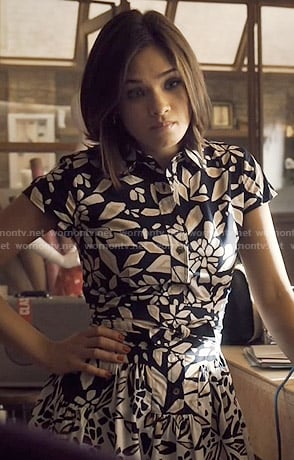 Heather’s navy and white printed shirtdress on Beauty and the Beast