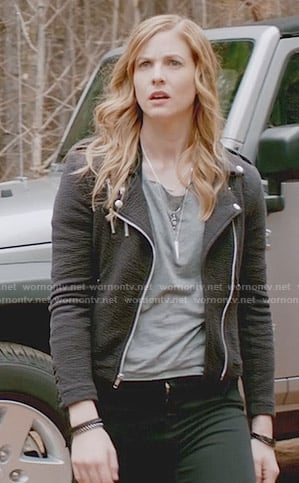 Valerie’s black moto jacket with lace-up sleeves on The Vampire Diaries