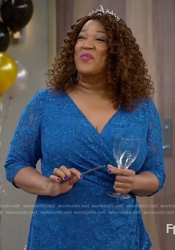 Yolanda’s blue lace dress on Young and Hungry