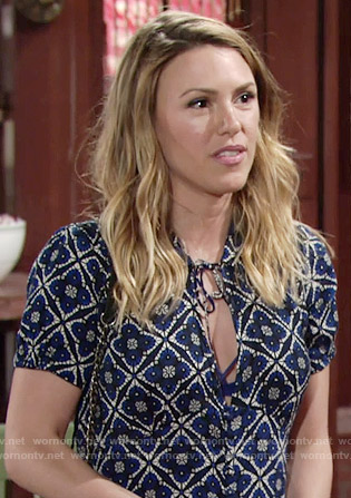 Chloe’s blue tile print dress on The Young and the Restless