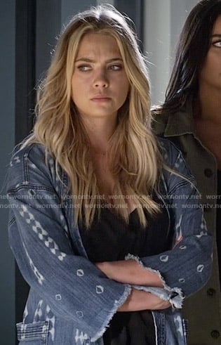 Hanna’s printed denim wrap jacket on Pretty Little Liars