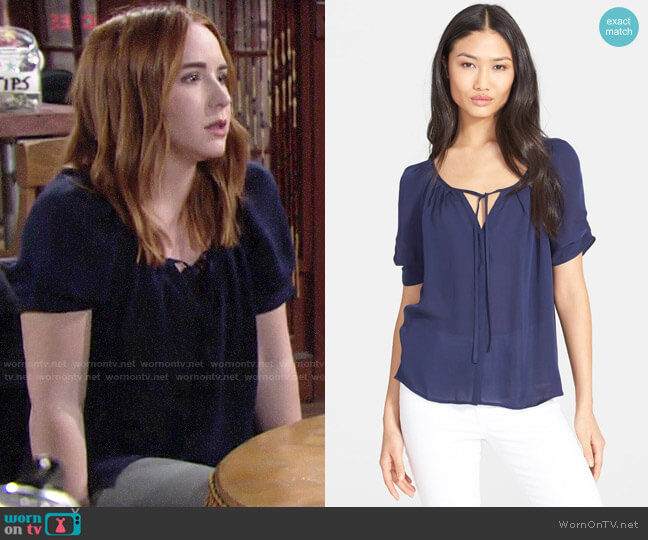 Joie Berkeley Silk Top in Navy worn by Mariah Copeland (Camryn Grimes) on The Young and the Restless