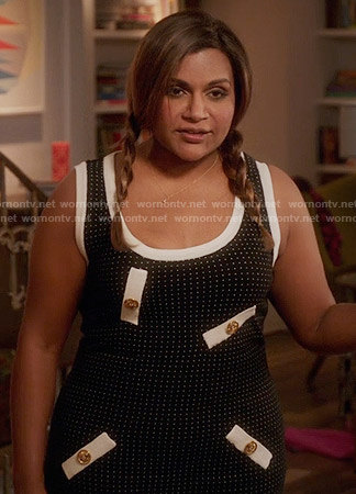 Mindy’s black dotted dress with gold buttons on The Mindy Project