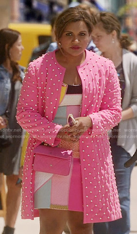 Mindy’s patchwork dress and pink studded coat on The Mindy Project