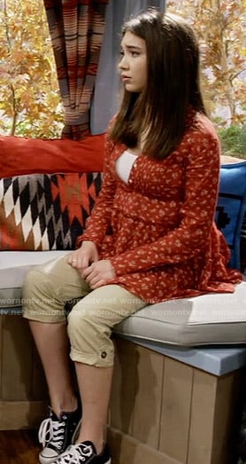 Riley’s red floral button front top and cargo pants on Girl Meets World