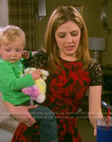 Theresa’s red and black lace sleeve dress on Days of our Lives