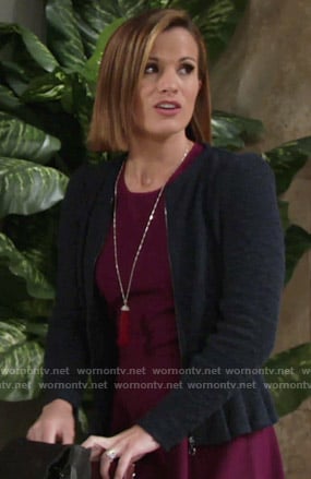 Chelsea’s purple fit and flare dress and navy textured jacket on The Young and the Restless