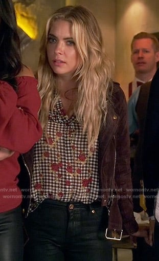 Hanna’s checked and floral shirt and burgundy moto jacket on Pretty Little Liars