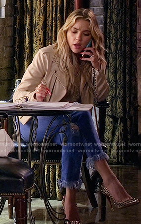 Hanna’s cream studded leather jacket and frayed jeans on Pretty Little Liars