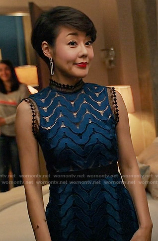 Karen’s blue and black lace dress on Mistresses
