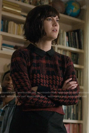 Laurel’s red plaid and houndstooth sweater on BrainDead