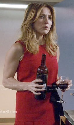 Maura’s red drop waist pleated dress on Rizzoli and Isles