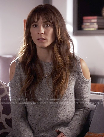 Spencer’s grey cold shoulder sweater on Pretty Little Liars