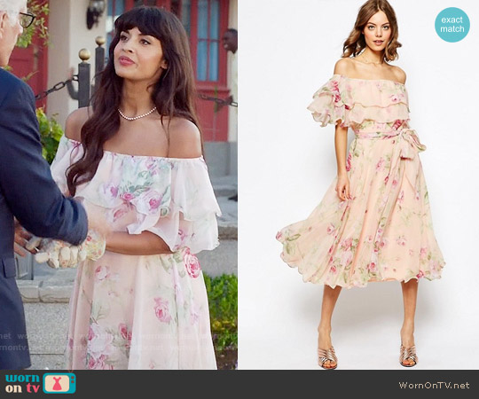 ASOS Floral Bardot Off The Shoulder Midi Prom Dress With Multi Ruffle worn by Tahani Al-Jamil (Jameela Jamil) on The Good Place