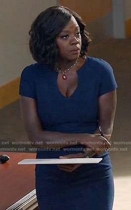 Annalise’s blue split neck dress on How to Get Away with Murder