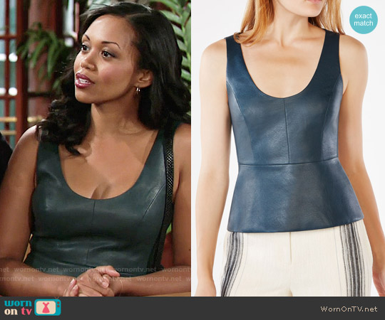 Bcbgmaxazria Cladiana Faux-Leather Peplum Top in Midnight Teal worn by Hilary Curtis (Mishael Morgan) on The Young and the Restless