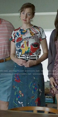 Carol’s art print tee and embroidered denim skirt on Last Man on Earth