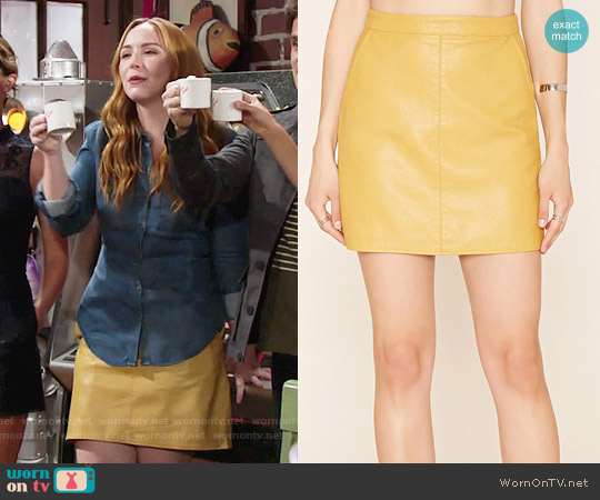 Forever 21 Contemporary Faux Leather Skirt in Mustard worn by Mariah Copeland (Camryn Grimes) on The Young and the Restless
