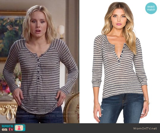 Frame Denim Le Henley Raglan Tee in Navy Stripe worn by Eleanor Shellstrop (Kristen Bell) on The Good Place