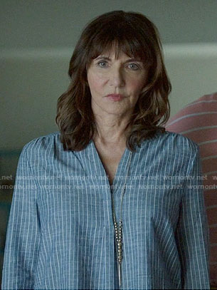 Gail’s blue striped split neck top on The Last Man on Earth