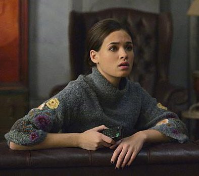 Heather’s grey floral embroidered sweater on Beauty and the Beast